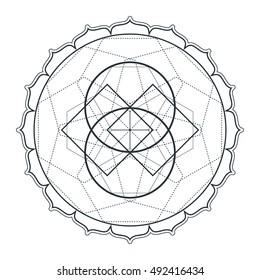 vector contour monochrome design mandala sacred geometry illustration  hexagons lotus isolated white background  
