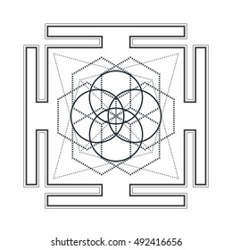 vector contour monochrome design mandala sacred geometry illustration seed of life hexagons bhupura isolated white background  