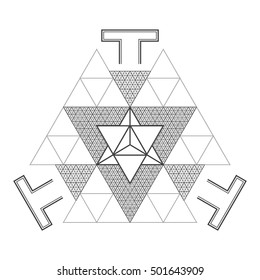 vector contour monochrome design mandala sacred geometry illustration merkaba triangle bhupura dot art isolated white background  