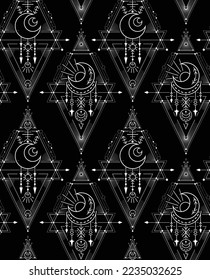 Vector contour mystical geometric pattern. Magic texture with occult symbols with stars and crescent. Sacral contour monochrome background for wrapping paper and wallpaper