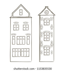 vector contour old house town city travel Europe coloring book