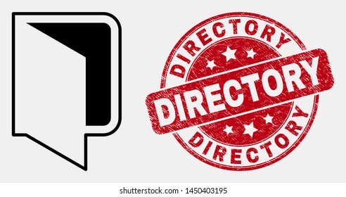 Vector contour open folder icon and Directory seal stamp. Blue round scratched seal with Directory caption. Black isolated open folder icon in line style.