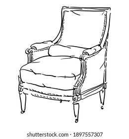 Vector contour, outline illustration with antique vintage retro armchair