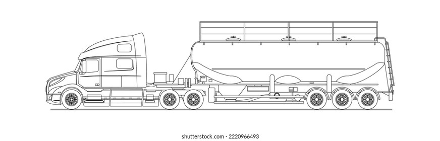 Vector contour, outline tank truck side view. Truck; semi trailer tank. Oil vat, fuel, cement, acid, water, grain tanker. Freight, liquid transportation. Drawing, Illustration For coloring book page.