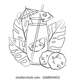 vector contour pineapple fruit slices coctail drink glass with umbrella coloring book childish hand drawn with tropical exotic leaf