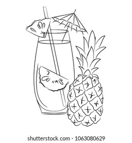 vector contour pineapple fruit whole and slices coctail drink glass with umbrella coloring book childish hand drawn with word