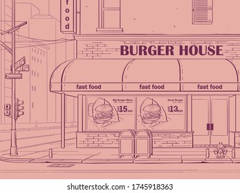 Vector contour pink colored background Burger House in New York, USA. Image of fast food cafe. For web, video, interface, design, handout, news-sheet.