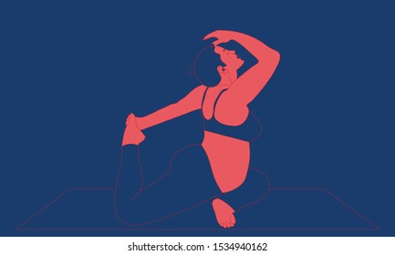 Vector contour of pregnant woman, stretching entire body in Eka Pada Rajakapotasana, makes pranayama exercises, isolated on dark background. The concept of sport, healthy lifestyle