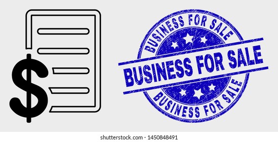 Vector contour price list pictogram and Business for Sale seal. Blue rounded textured seal stamp with Business for Sale phrase. Black isolated price list pictogram in contour style.