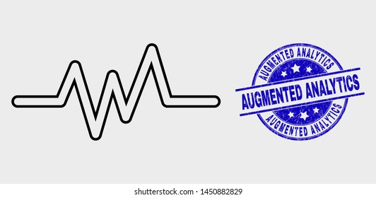 Vector contour pulse signal pictogram and Augmented Analytics seal. Blue rounded grunge seal stamp with Augmented Analytics caption. Black isolated pulse signal pictogram in stroke style.