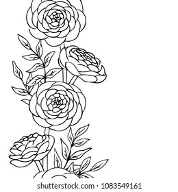 vector contour ranunculus rose flowers bud leaf coloring book pattern elements vertical seamless repeating