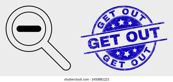 Vector contour reduce scale icon and Get Out seal. Blue rounded distress seal with Get Out message. Black isolated reduce scale icon in stroke style.