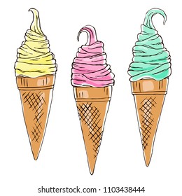 vector contour rose pink yellow mint ice cream cone set summer frozen dessert