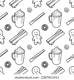 vector contour seamless pattern for winter warmth, sweets, warm drinks