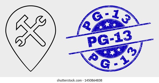 Vector contour service map pointer icon and Pg-13 seal. Blue round grunge seal with Pg-13 message. Black isolated service map pointer icon in stroke style.