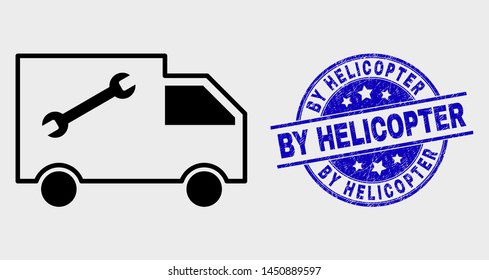 Vector contour service van pictogram and By Helicopter watermark. Blue rounded textured seal stamp with By Helicopter text. Black isolated service van pictogram in contour style.