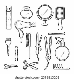 Vektorkontur-Set von Friseurwerkzeugen und -geräten. Sammlung von Doodle-Elementen für den Schönheitssalon. Handgezeichnete Skizze.