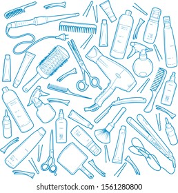 vector contour set of professional hairdresser, stylist items. linear minimalistic tools on a white background. hair dryer, combs, scissors, hair clips, hair cosmetics