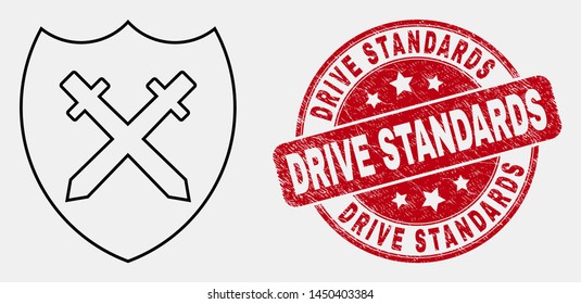 Vector contour shield and swords icon and Drive Standards seal stamp. Blue round scratched seal with Drive Standards phrase. Black isolated shield and swords icon in outline style.