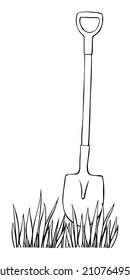 Vector contour shovel stuck in ground of lawn. Background, clipart, design element on theme of gardening in doodle style