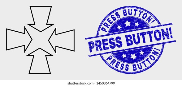 Vector contour shrink arrows pictogram and Press Button! stamp. Blue round scratched seal stamp with Press Button! phrase. Black isolated shrink arrows pictogram in stroke style.