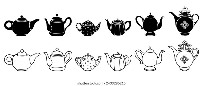 Vector contour and silhouette drawings of collection different shaped teapots, isolated on white background