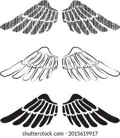 Vector contour and silhouette drwings of abstract mythological wings
