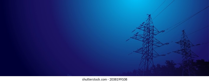 Vector contour silhouette. Substation, powerhouse. High-voltage line. Blue background, cover. Sky. Poles cable Background.