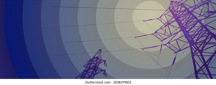 Vector contour silhouette. Substation, powerhouse. High-voltage line. Blue background, cover. Sky. Poles cable Background.