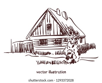 Vector contour sketch of rural house. Stock handwritten illustration for design.