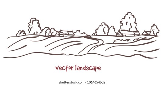 Vector contour sketch of rural landscape. Stock handwritten illustration for design.