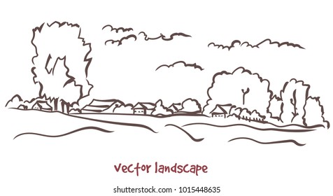 Vector contour sketch of rural landscape. Stock handwritten illustration for design.