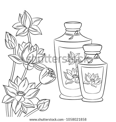 vector contour spa set with bottle and lotus flowers, relaxtion