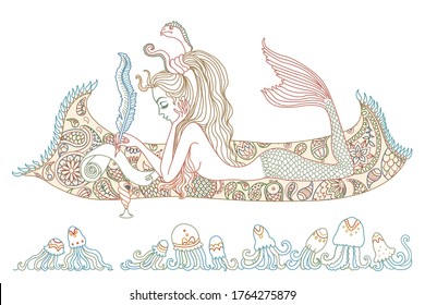 Vector contour thin line for batik paint. a mermaid lies on a Persian carpet and writes a letter with a quill pen on a scroll of paper.Colorful  doodle sketch. Adults Coloring book page, Post card