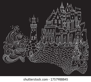 Vector contour thin line dark night landscape illustration. Lighthouse island, fairy tale castle, sea waves. Black and white hand drawn sketch artwork. Adults coloring book page, tee shirt print