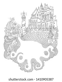 Vector contour thin line illustration. Giant octopus silhouette, sea waves, island, fairy tale castle, lighthouse. Black and white hand drawn sketch artwork. Adults coloring book page, tee shirt print