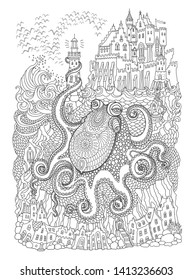 Vector contour thin line illustration. Ornate giant octopus, sea waves, island, fairy tale castle, lighthouse. Black and white hand drawn sketch artwork. Adults coloring book page, tee shirt print