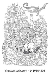 Vector contour thin line illustration. Fairy tale Dragon nest, flying monster, sea island, castle, lighthouse. Black and white hand drawn sketch. Adults coloring book page, tee shirt print, book cover