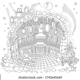 Vector contour thin line illustration. Fairy tale underground old medieval cave Kitchen in the family apartment. Black and white sketch illustartion. Adults coloring book page, tee shirt print