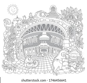 Vector contour thin line illustration. Fairy tale underground Dragon beast family apartment in the old medieval cave Kitchen. Black and white sketch. Adults coloring book page, tee shirt print