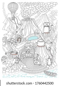 Vector contour thin line illustration. Fairy tale mountain landscape with volcanoes, Kitchen in the cave. Geothermal water source, 
underground heat concept. Adults coloring book page, tee shirt print