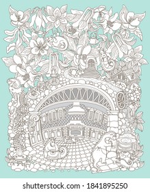 Vector contour thin line illustration. Fairy tale aquilegia flowers and underground Dragon beast family apartment in the old medieval cave Kitchen. Adults coloring book page, tee shirt print