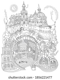 Vector contour thin line illustration. Fairy tale underground old medieval cave Kitchen in the street food cafe. Black and white sketch illustration. Adults coloring book page, tee shirt print