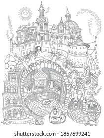 Vector contour thin line illustration. Fairy tale underground Dragon beast family street food cafe in the old medieval cave Kitchen. Black and white sketch. Adults coloring book page, tee shirt print