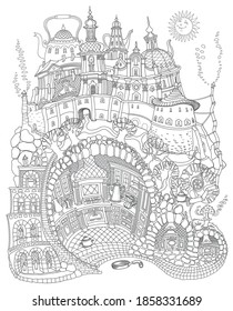 Vector contour thin line illustration. Fairy tale underground medieval Kitchen in the old cave apartment. Black and white sketch. Adults coloring book page, tee shirt print