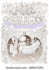Vector contour thin line illustration. Fairy tale medieval houses, aquilegia flowers and underground bathroom in Dragon beast family apartment cave. Adults coloring book page, tee shirt print