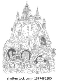 Vector contour thin line illustration. Fairy tale Dragon family apartment in the old cave in a dungeon under the medieval castle. Black and white sketch. Adults coloring book page, tee shirt print