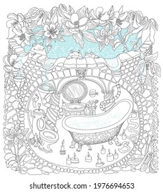 Vector contour thin line illustration. Fairy tale lake with aquilegia flowers, medieval underground house bathroom, apartment cave. Adults coloring book page, tee shirt print