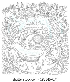 Vector contour thin line illustration. Fairy tale medieval house bathroom in underground cave apartment, stone fountain with aquilegia flowers. Valentines Day greeting card, Adults coloring book page,