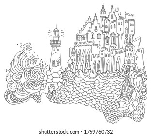 Vector contour thin line landscape illustration. Lighthouse island, fairy tale castle, sea waves. Black and white hand drawn sketch artwork. Adults coloring book page, tee shirt print